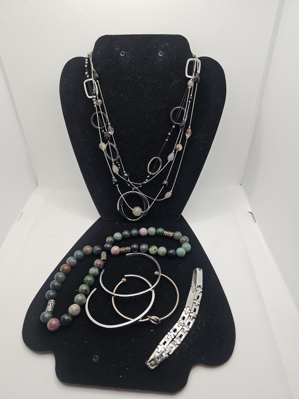 Multi-Strand Black and Silver Necklace with Mixed Bead Bracelet Set
